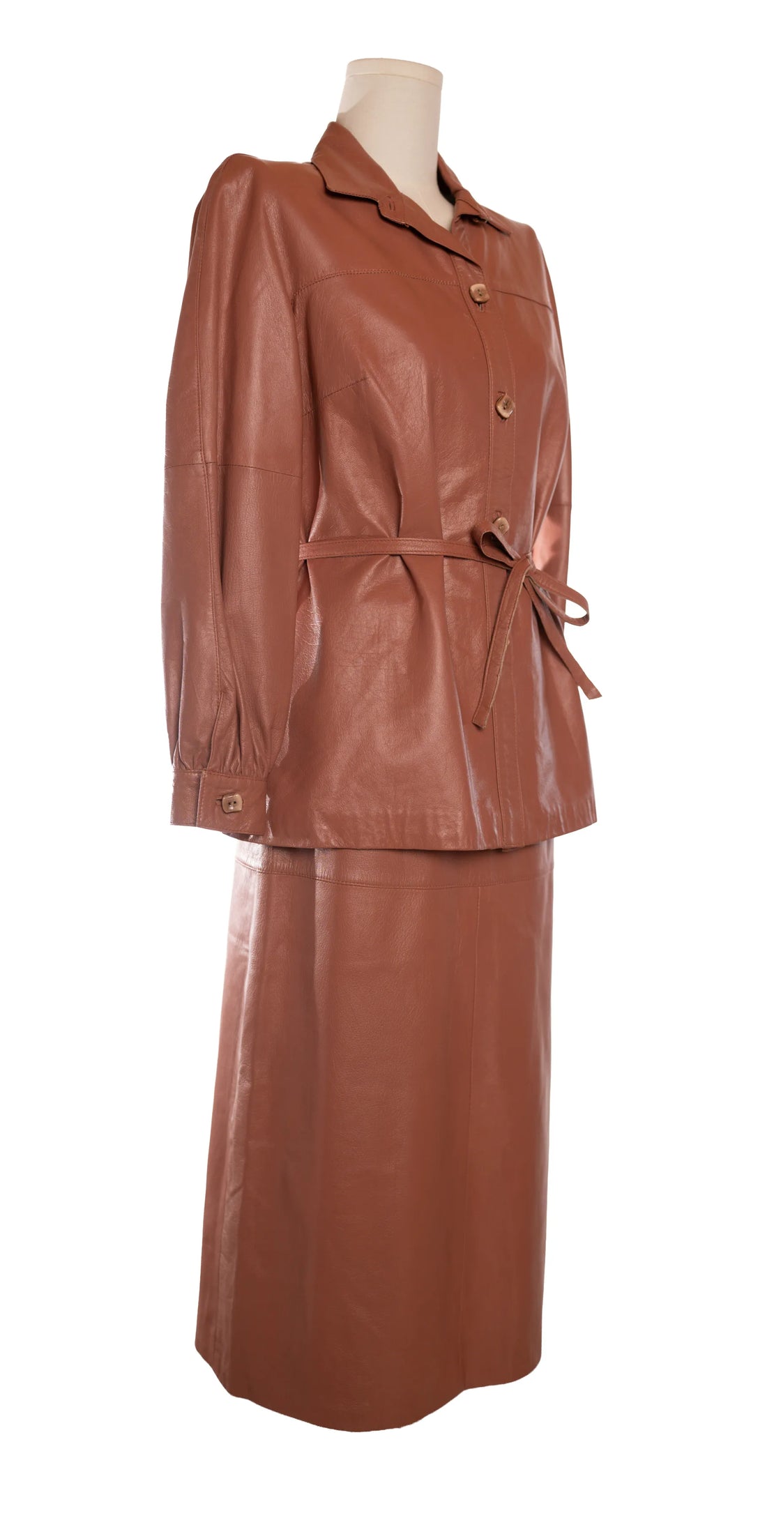 Set vintage din piele nappa - sacou cu cordin si fusta midi