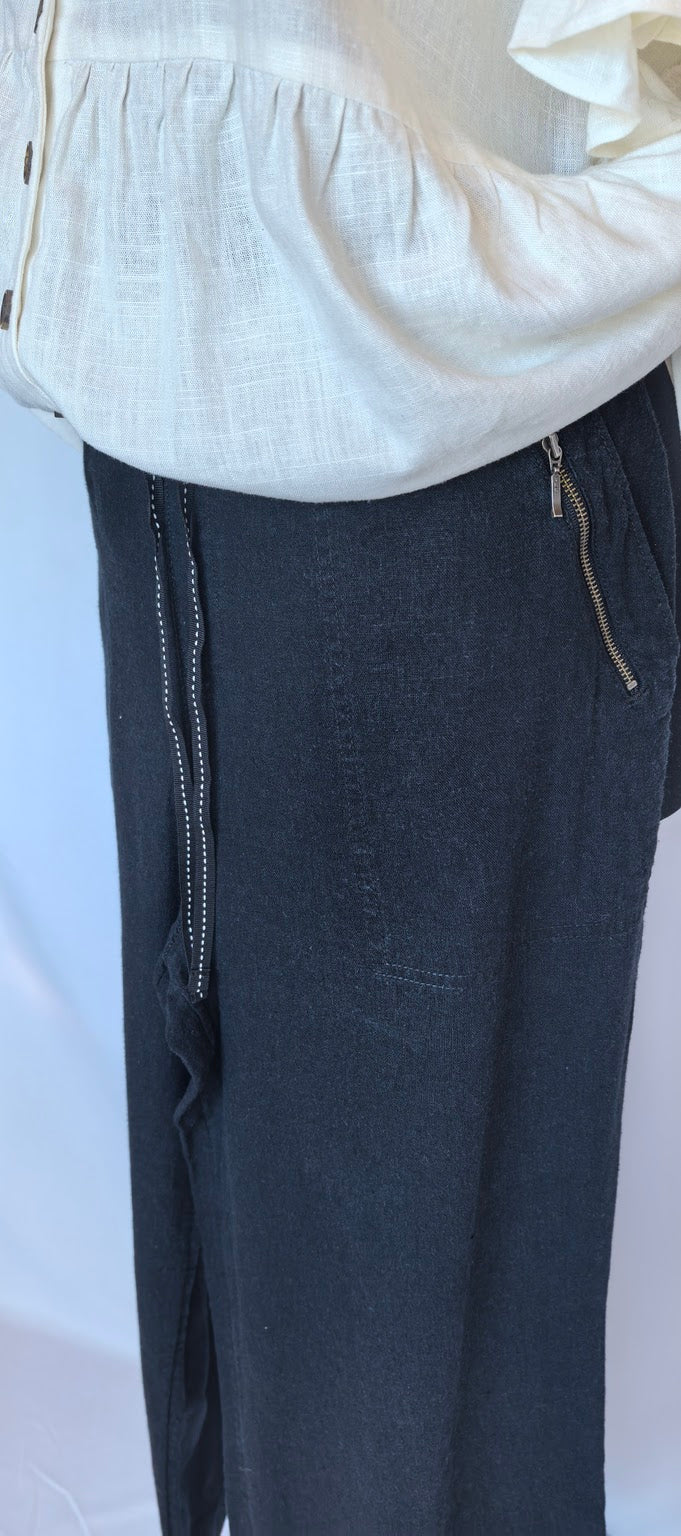 Pantaloni wide leg cu buzunare mari din in si vascoza