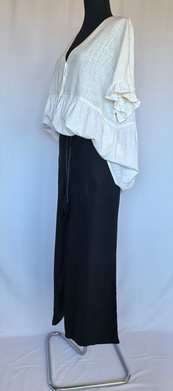 Pantaloni wide leg cu buzunare mari din in si vascoza