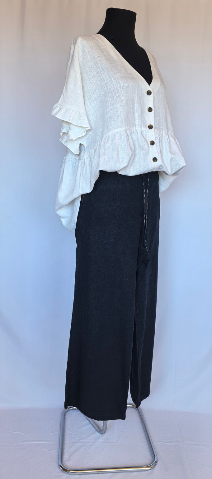 Pantaloni wide leg cu buzunare mari din in si vascoza