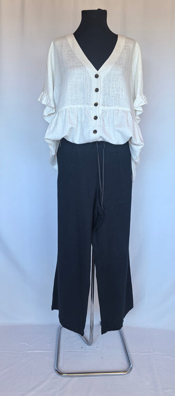 Pantaloni wide leg cu buzunare mari din in si vascoza
